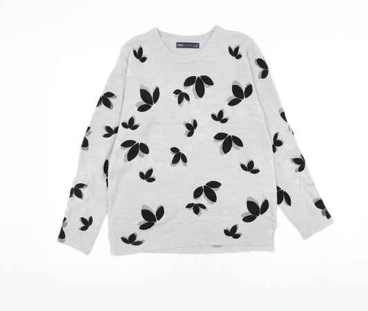 Marks and Spencer Womens Grey Round Neck Geometric Acrylic Pullover Jumper Size 10 - Leaf Print