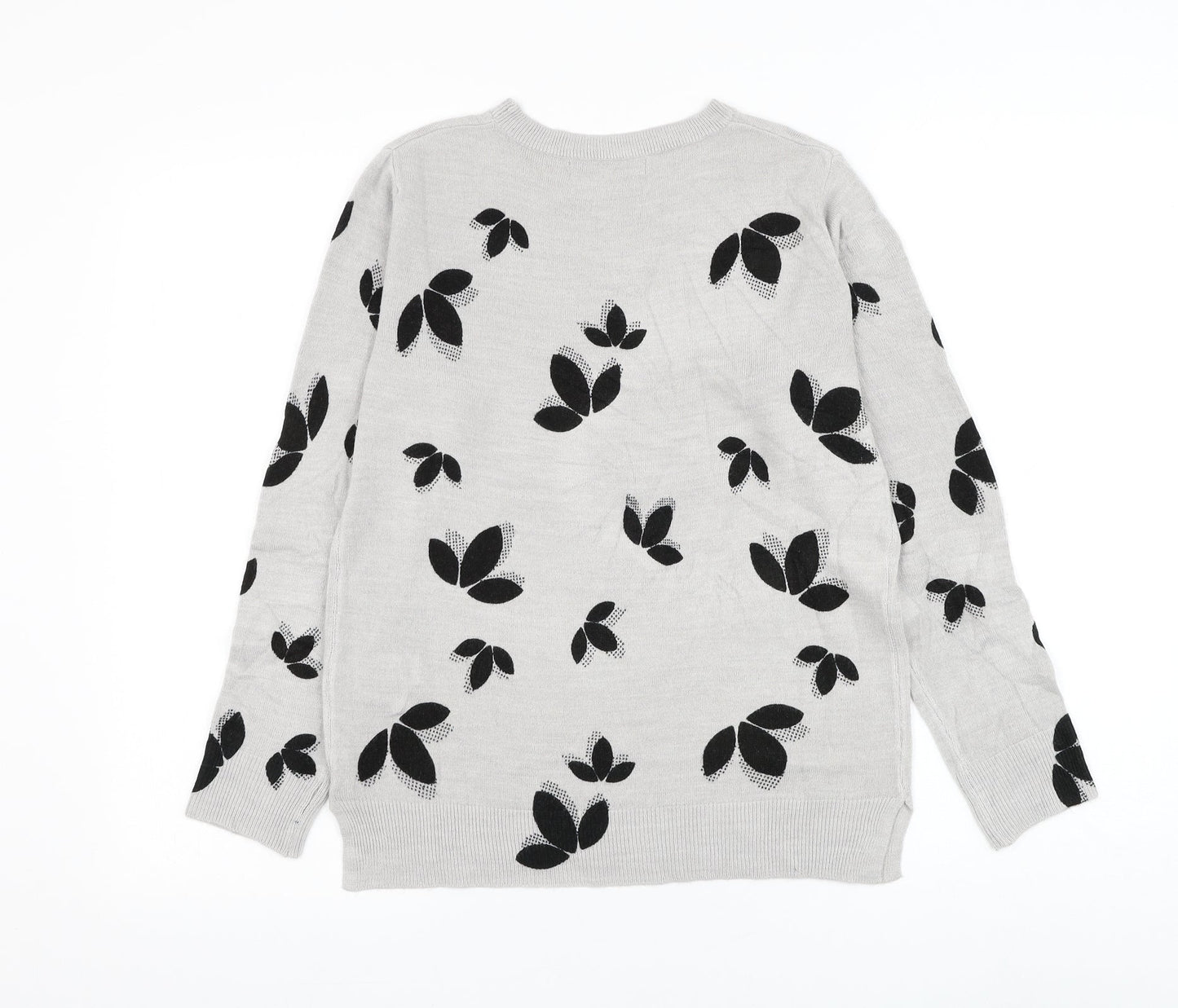 Marks and Spencer Womens Grey Round Neck Geometric Acrylic Pullover Jumper Size 10 - Leaf Print
