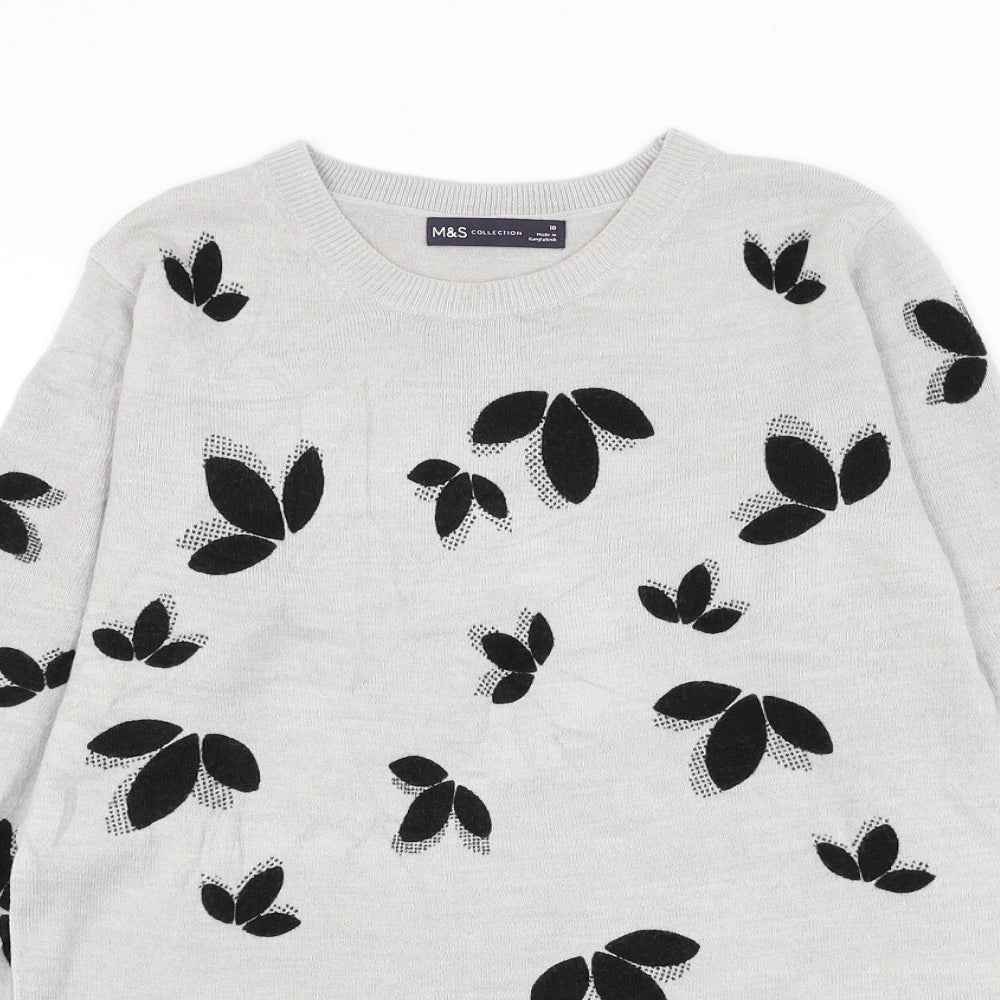 Marks and Spencer Womens Grey Round Neck Geometric Acrylic Pullover Jumper Size 10 - Leaf Print