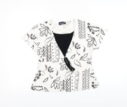 Saloos Womens White Geometric Viscose Basic Blouse Size S Round Neck