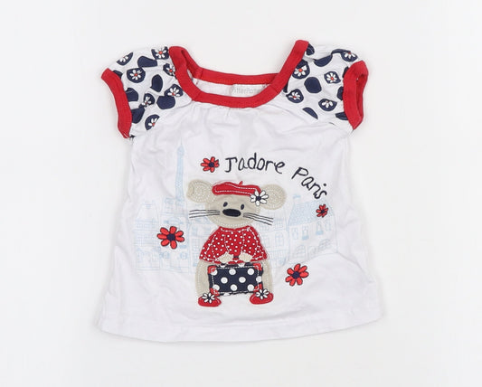 Pitter Patter Girls White Cotton Basic T-Shirt Size 12 Months Round Neck Pullover - J'adore Paris