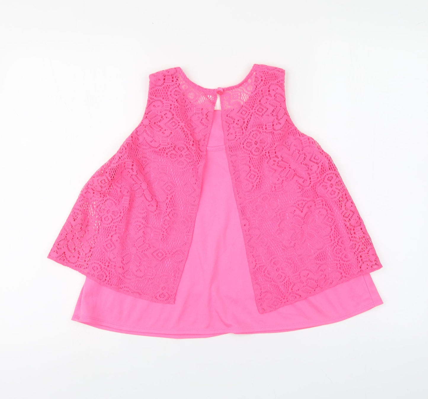 YD Girls Pink Geometric Polyester Basic Tank Size 10-11 Years Round Neck Button