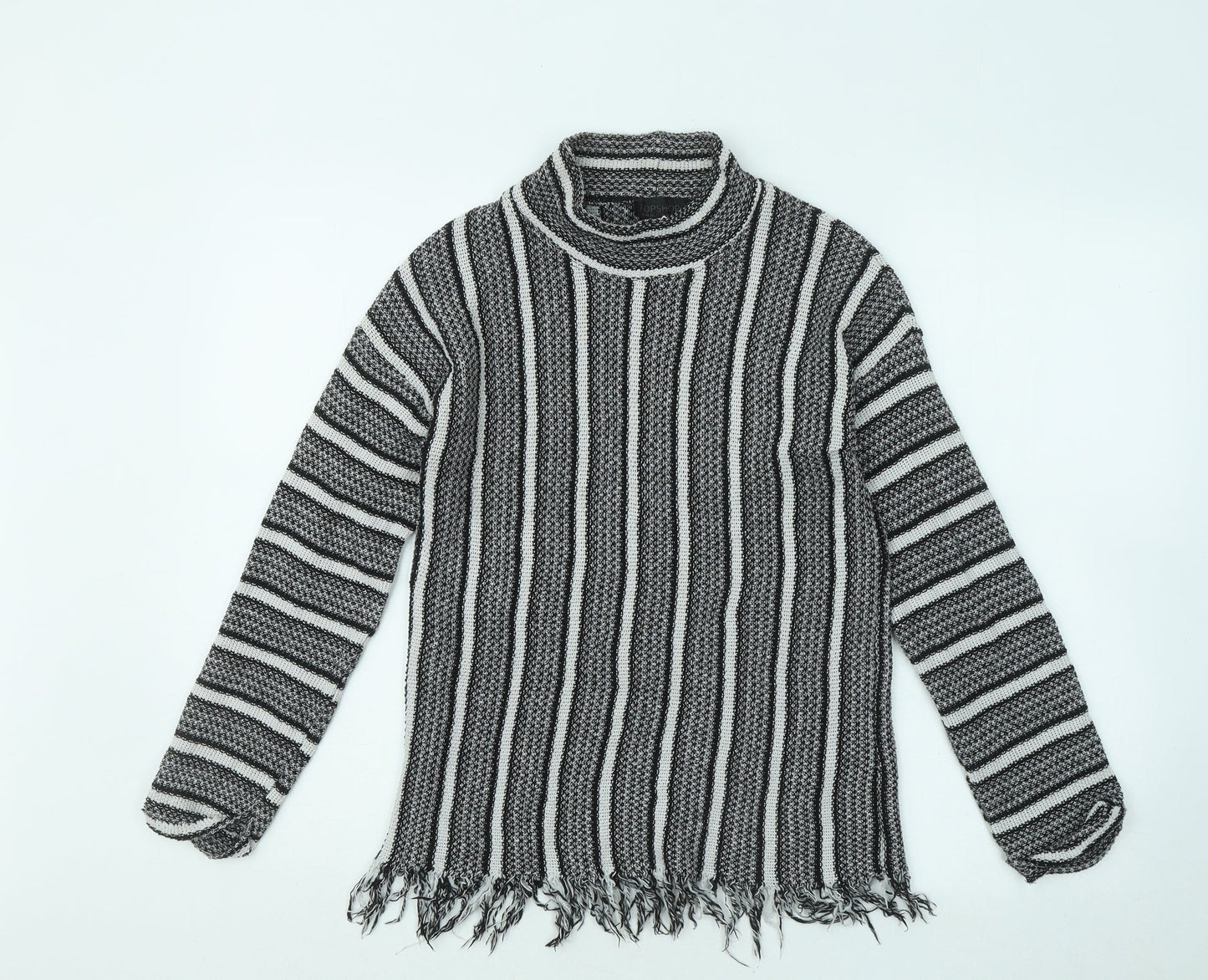 Topshop Womens Black Mock Neck Striped Polyester Pullover Jumper Size 10