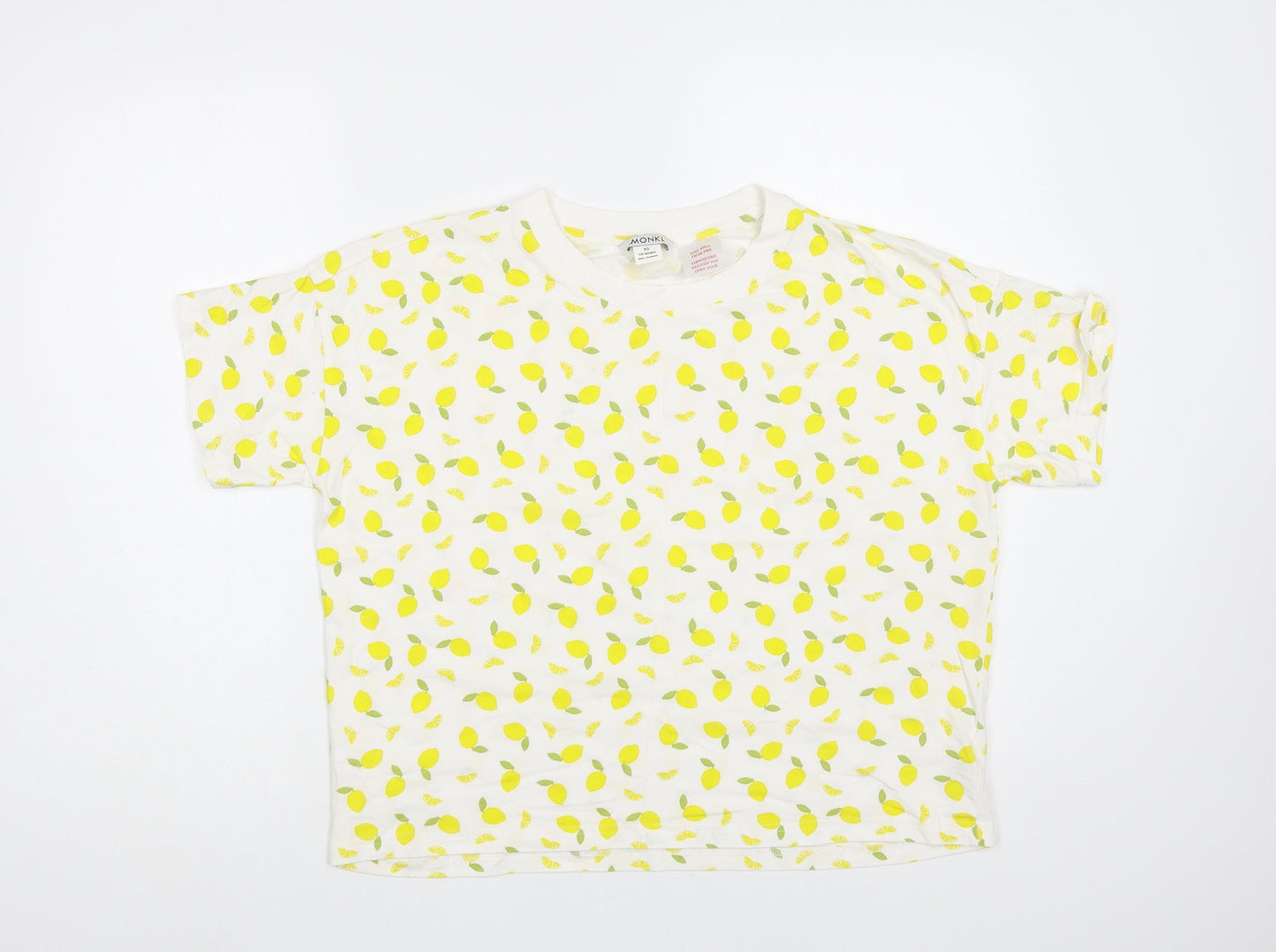 Monki Womens White Geometric Cotton Basic T-Shirt Size XS Crew Neck - Lemon Print
