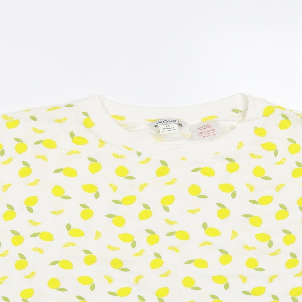 Monki Womens White Geometric Cotton Basic T-Shirt Size XS Crew Neck - Lemon Print