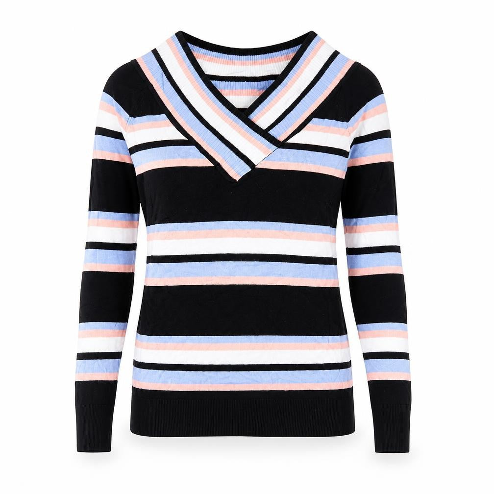 F&F Womens Multicoloured V-Neck Striped Viscose Pullover Jumper Size 10