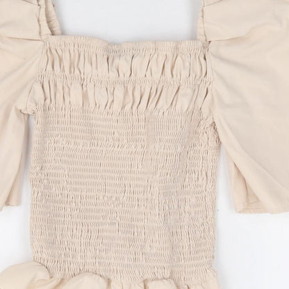 Preloved In Vogue Womens Beige Cotton Basic Blouse Size S Square Neck - Label
