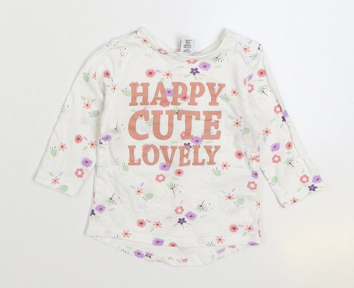 Dopo Dopo Girls White Floral Cotton Basic T-Shirt Size 6-9 Months Round Neck Snap - Happy Cute Lovely