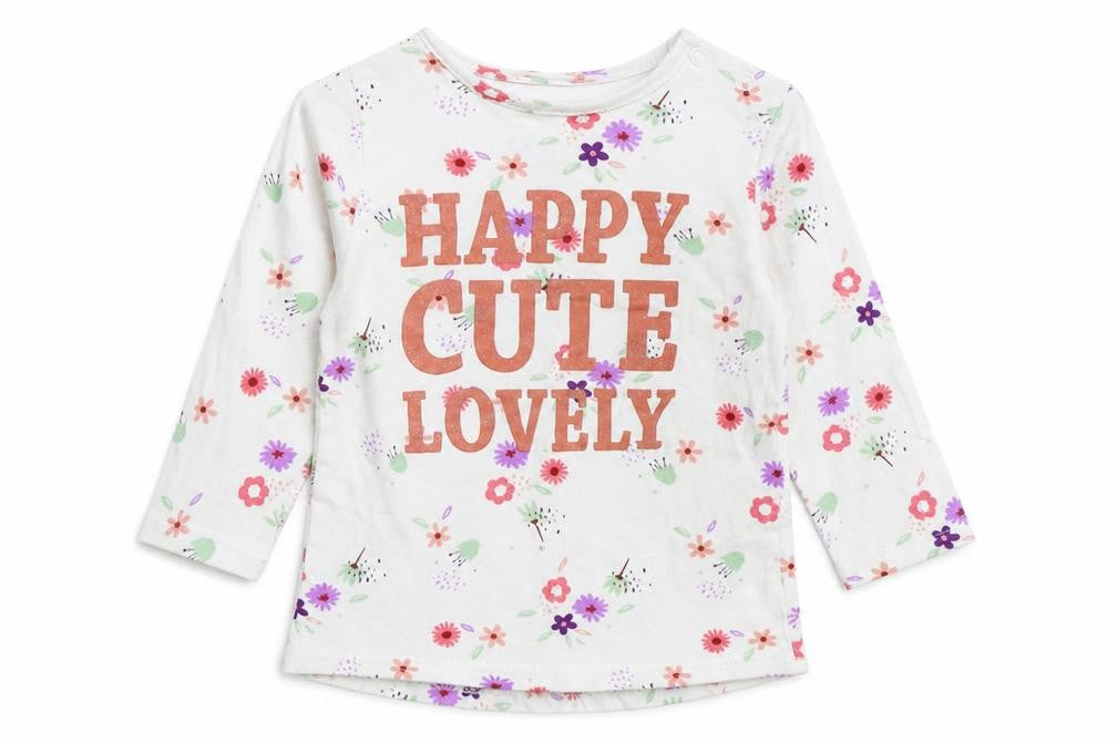 Dopo Dopo Girls White Floral Cotton Basic T-Shirt Size 6-9 Months Round Neck Snap - Happy Cute Lovely
