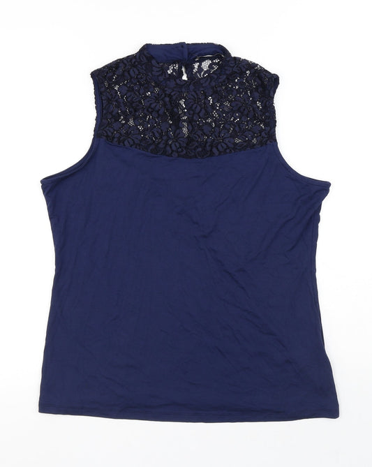 TU Womens Blue Floral Polyamide Basic Tank Size 14 High Neck - Flowers