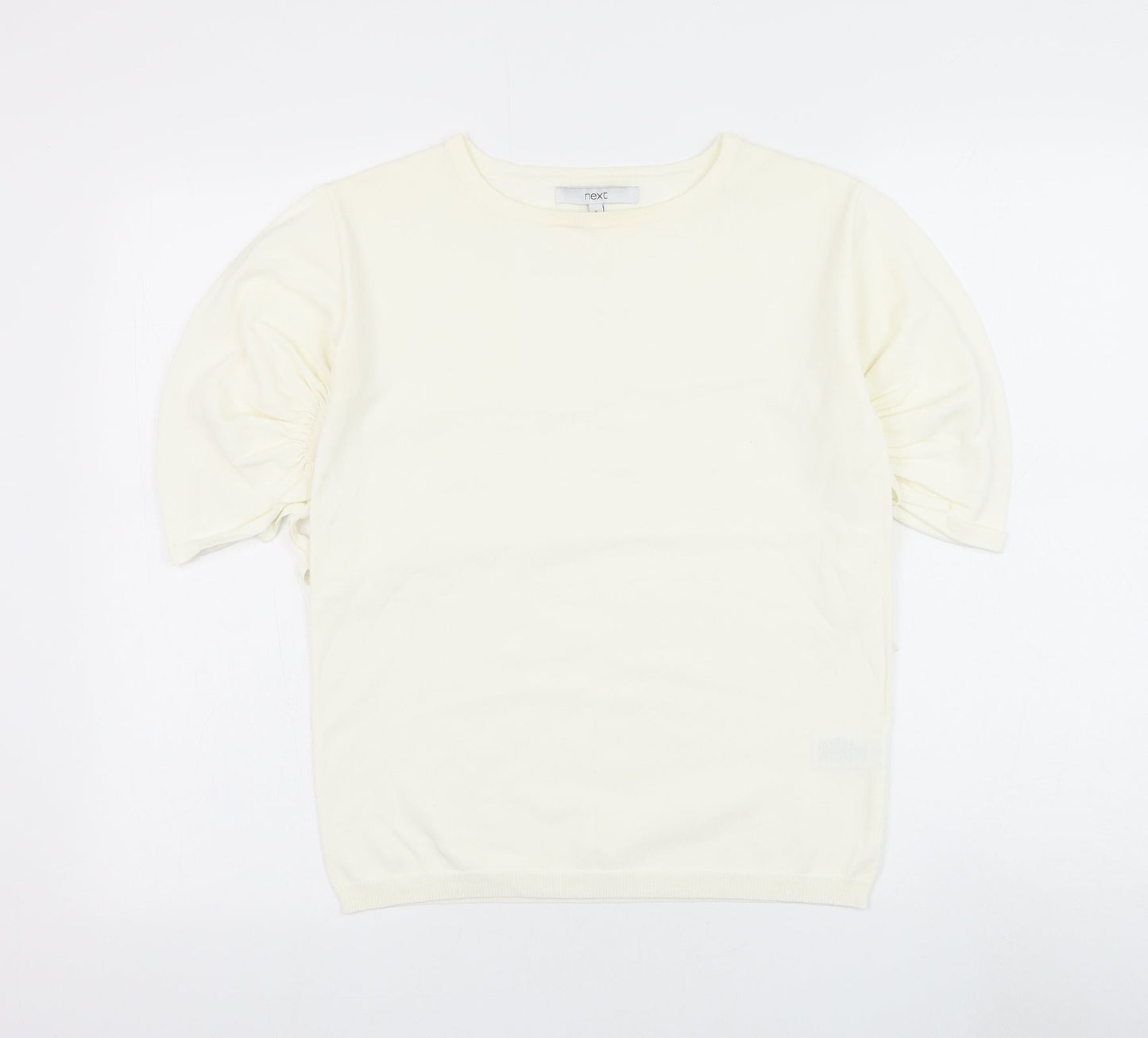 NEXT Womens White Viscose Basic T-Shirt Size 8 Round Neck - Ruched Sleeve