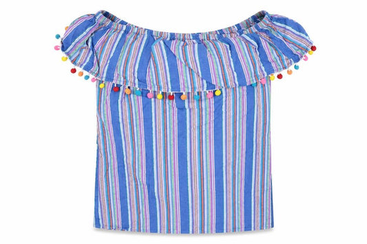 F&F Womens Blue Striped Cotton Basic Blouse Size 12 Off the Shoulder