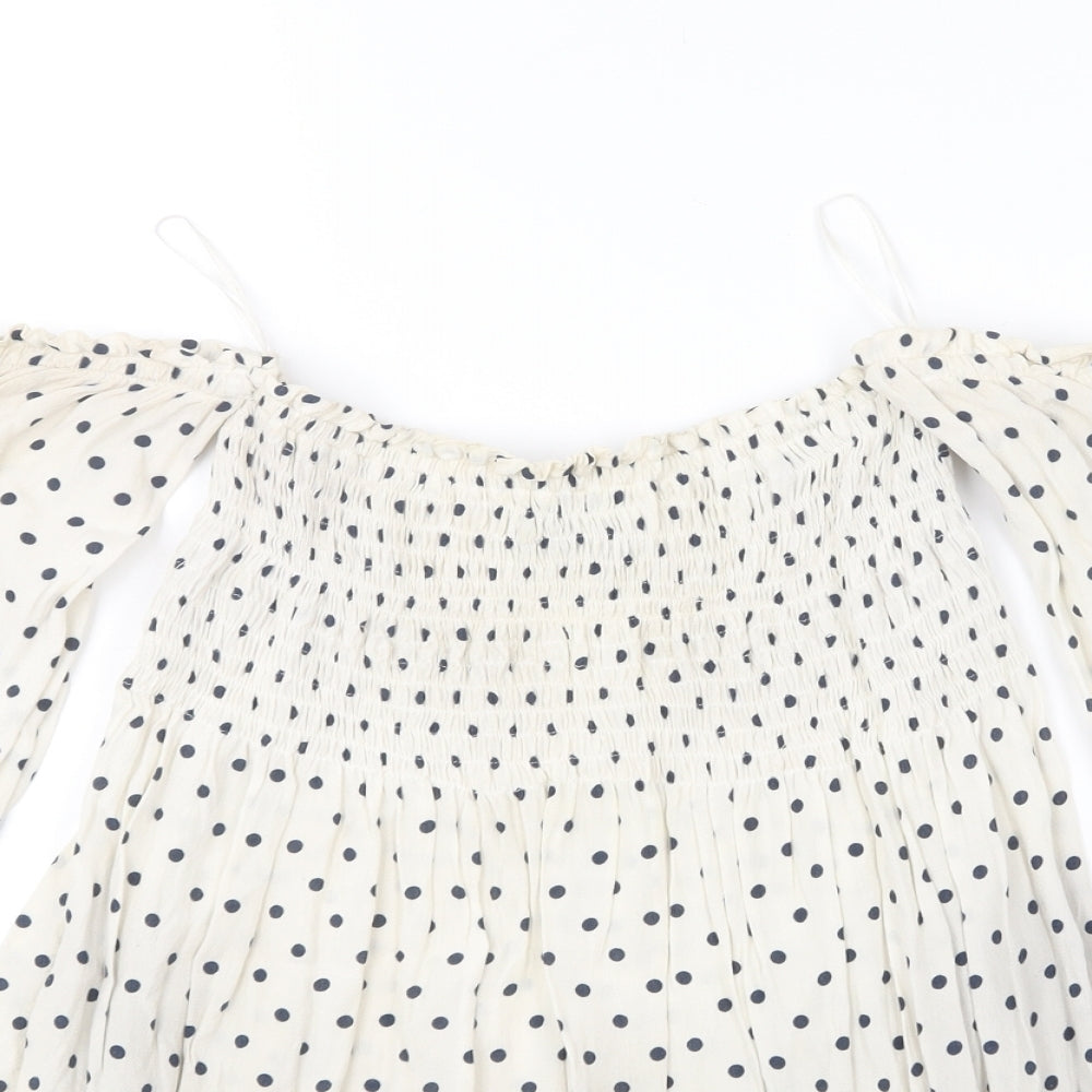 Zara Womens Beige Polka Dot Viscose Basic Blouse Size S Off the Shoulder