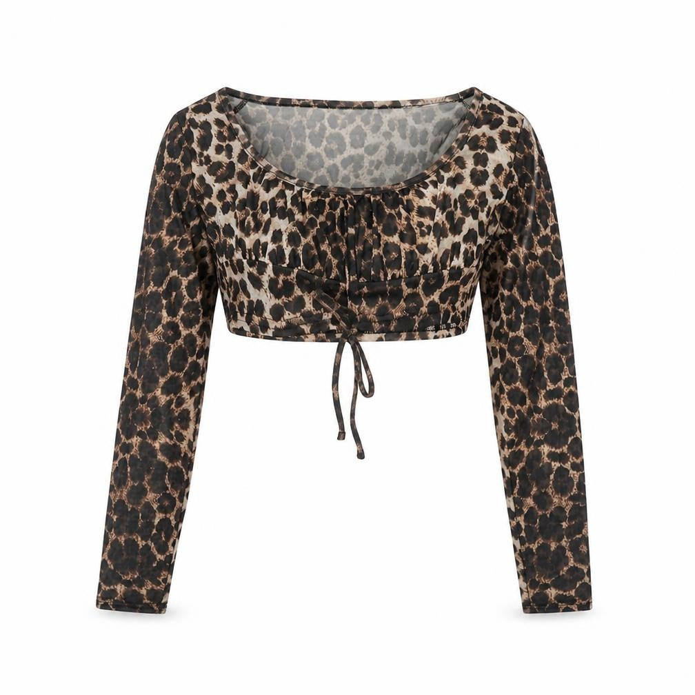 PRETTYLITTLETHING Womens Brown Animal Print Polyester Cropped Blouse Size 8 Round Neck
