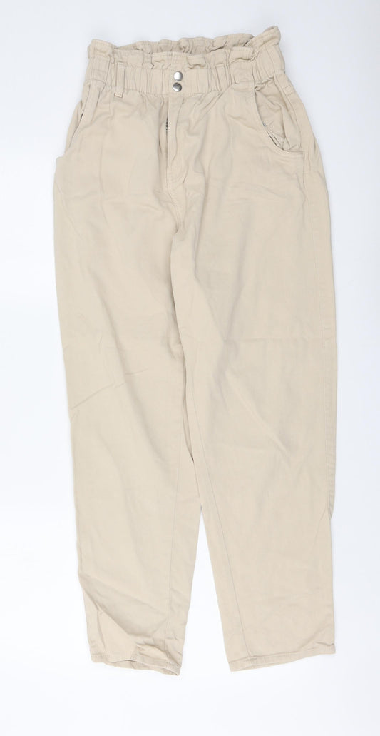 H&M Womens Beige Cotton Trousers Size S L27 in Regular Button