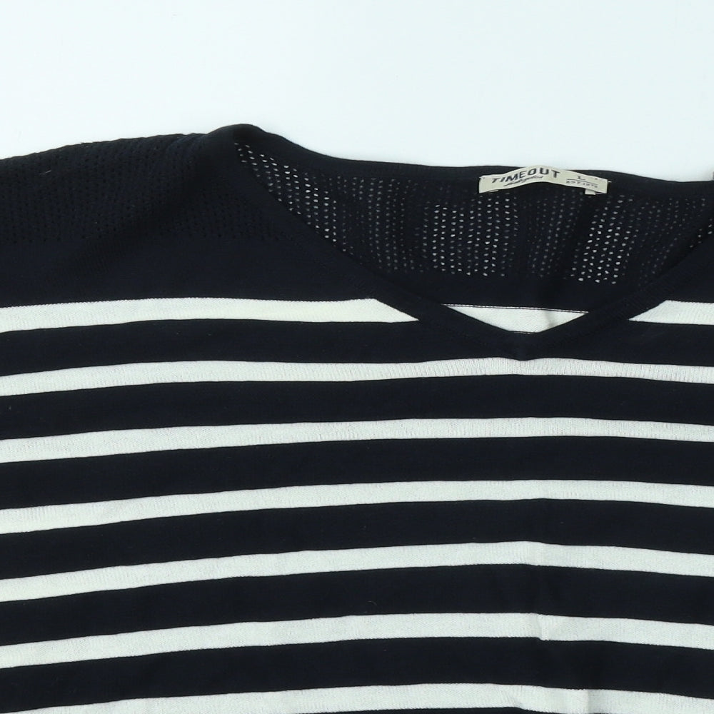 Timeout Womens Blue V-Neck Striped Acrylic Pullover Jumper Size L