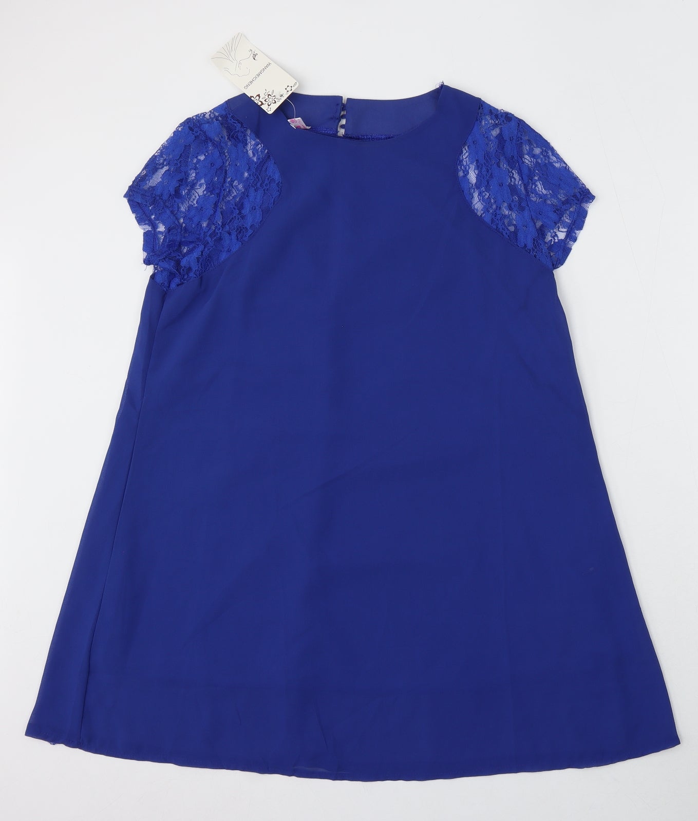 Wangmeiching Womens Blue Polyester Sheath Size L Round Neck Button - Lace Sleeves