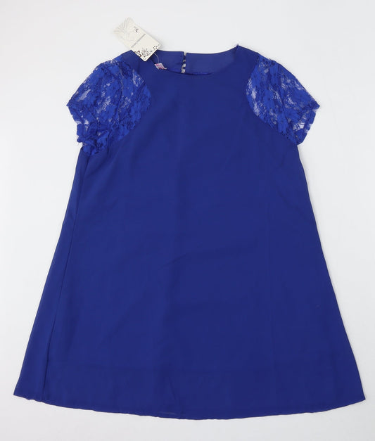 Wangmeiching Womens Blue Polyester Sheath Size L Round Neck Button - Lace Sleeves