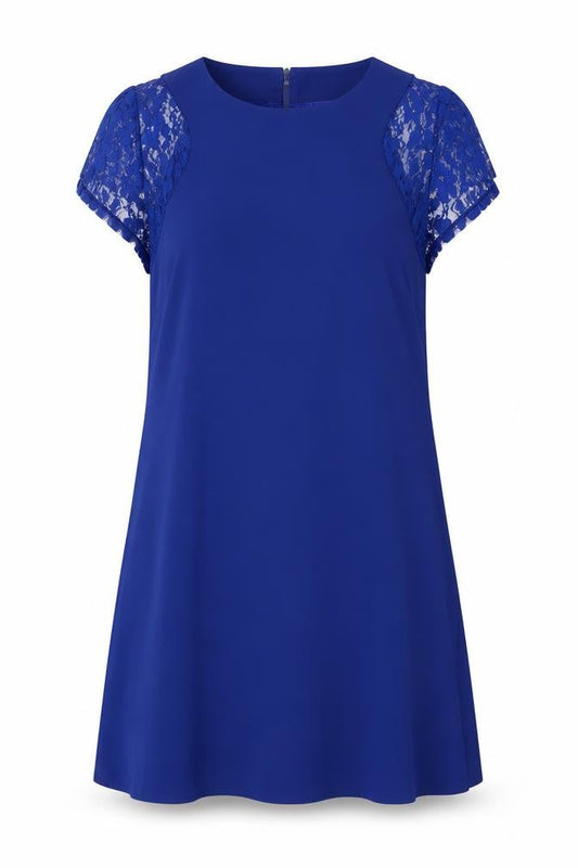 Wangmeiching Womens Blue Polyester Sheath Size L Round Neck Button - Lace Sleeves
