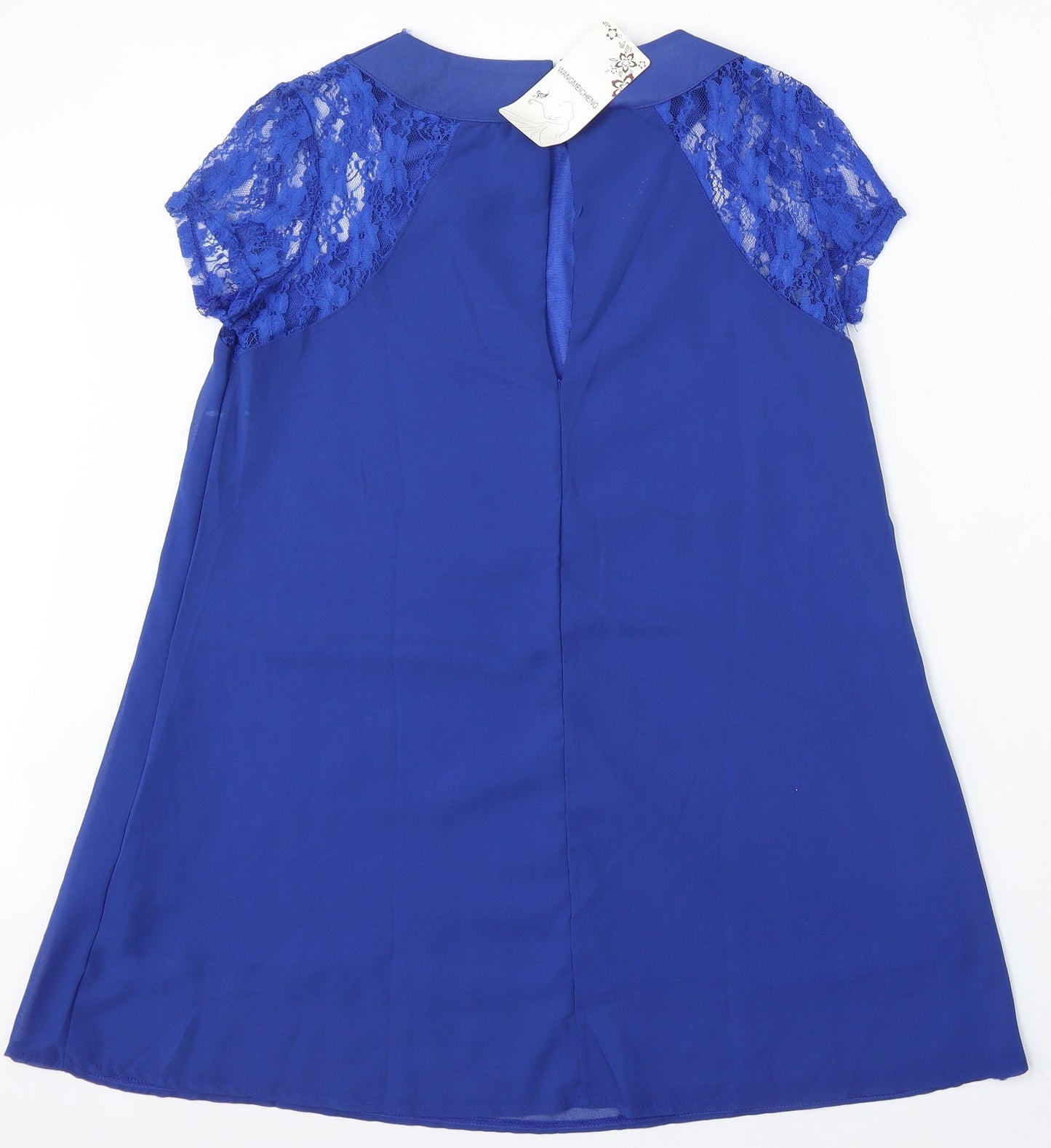 Wangmeiching Womens Blue Polyester Sheath Size L Round Neck Button - Lace Sleeves