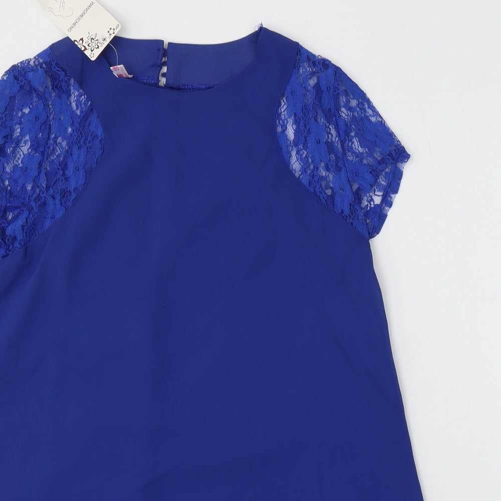 Wangmeiching Womens Blue Polyester Sheath Size L Round Neck Button - Lace Sleeves
