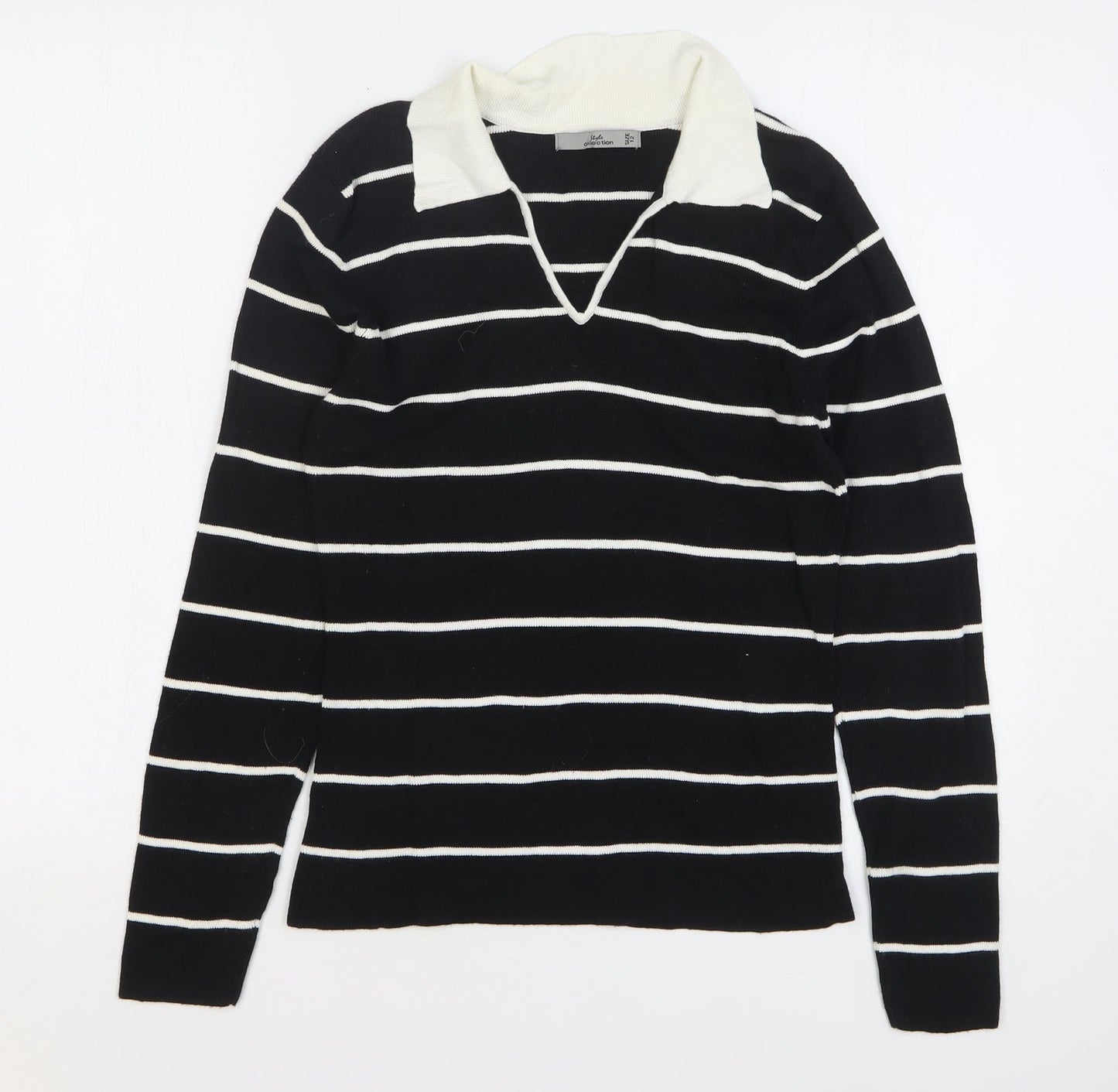 Style Collection Womens Black Collared Striped Ramie Pullover Jumper Size 12