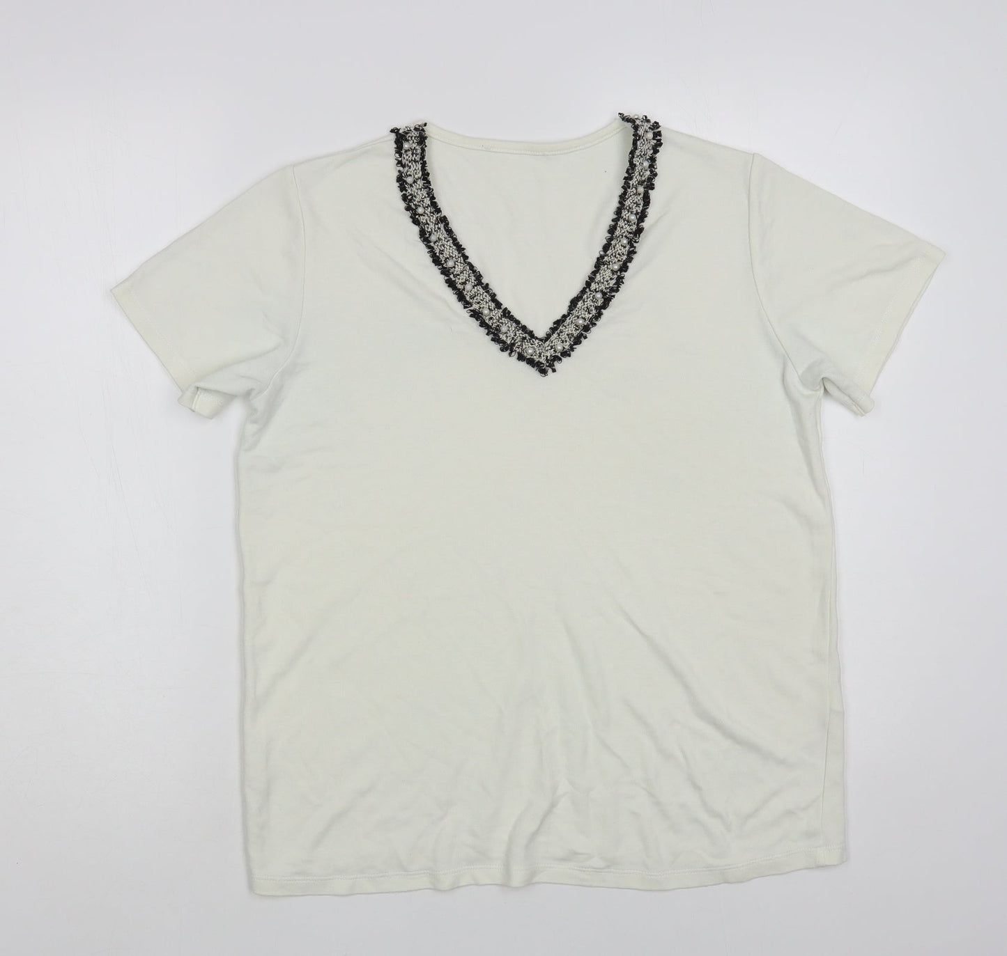 Gallery Womens White Viscose Basic T-Shirt Size S V-Neck - Embellished Neckline
