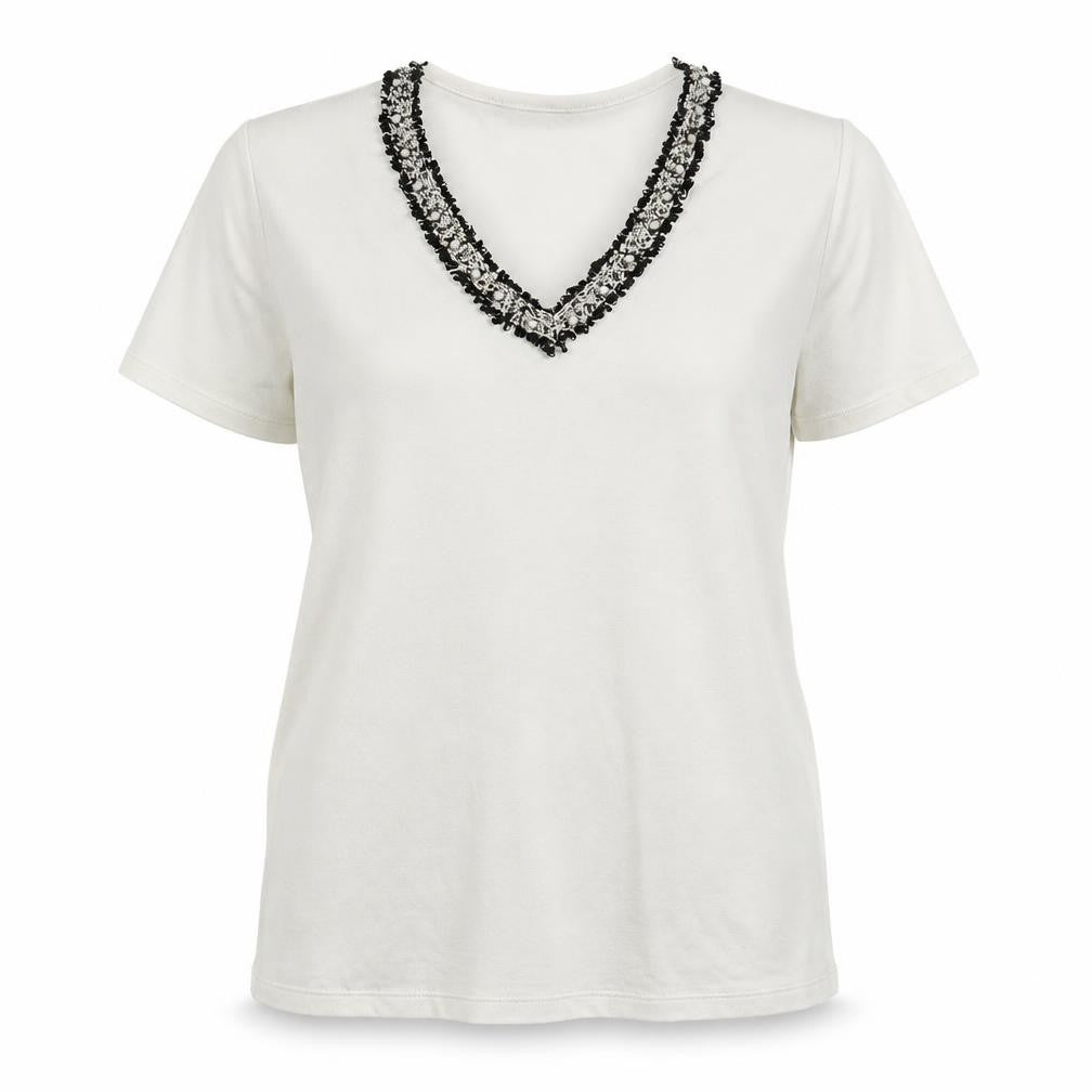 Gallery Womens White Viscose Basic T-Shirt Size S V-Neck - Embellished Neckline