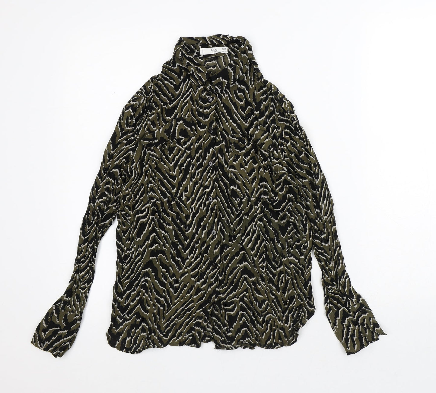 MNG Womens Green Animal Print Polyester Basic Blouse Size S Collared