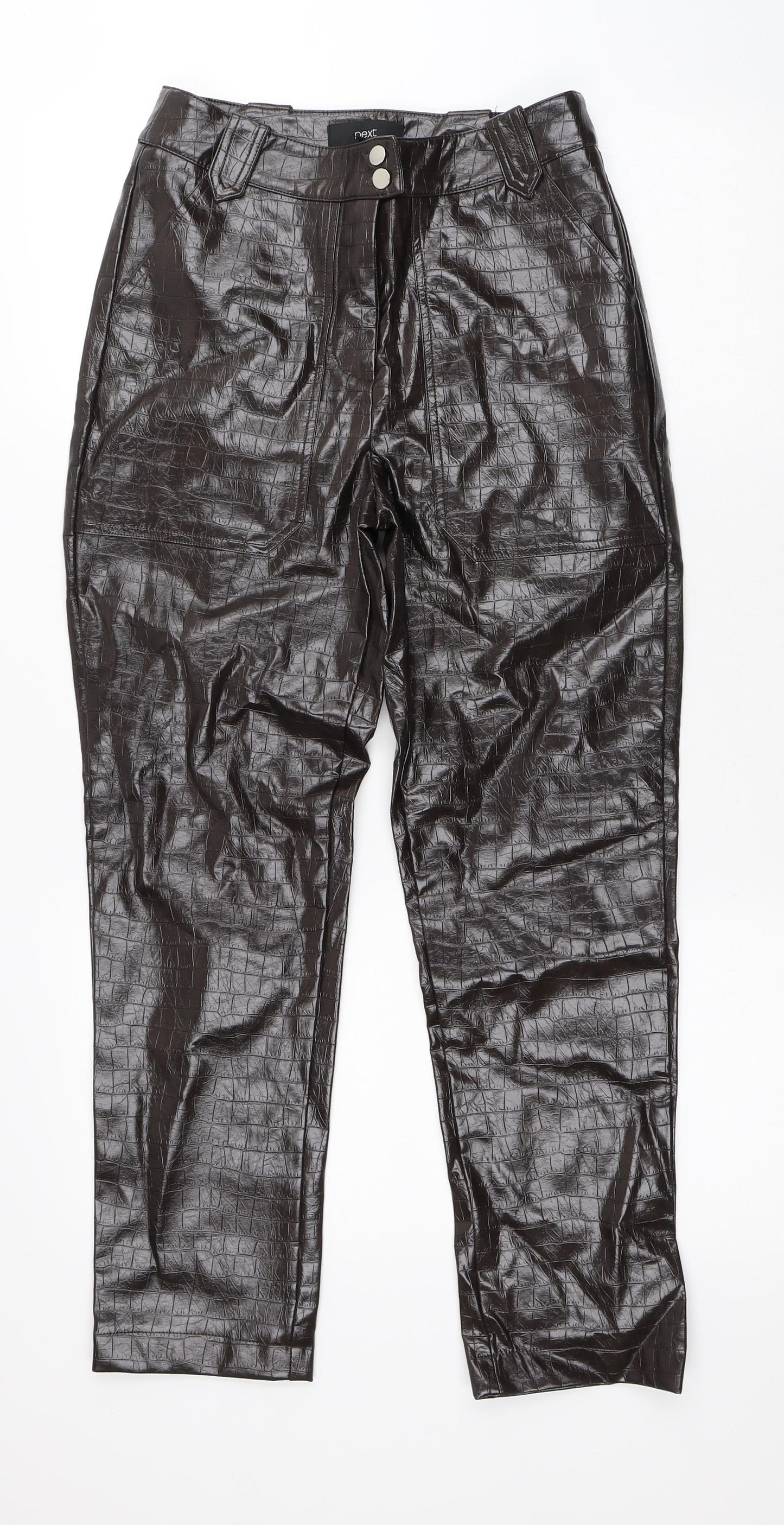 NEXT Womens Brown Animal Print Viscose Trousers Size 6 L26 in Regular Button - Faux Leather