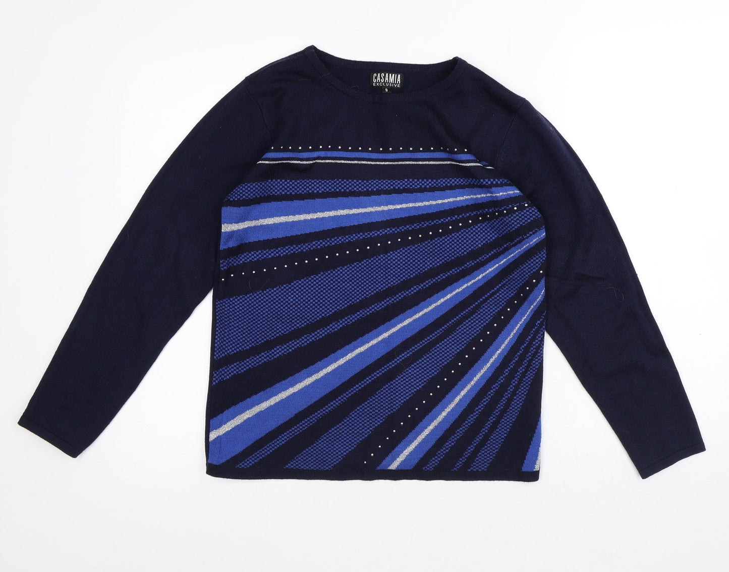 Casamia Womens Black Round Neck Striped Acrylic Pullover Jumper Size S