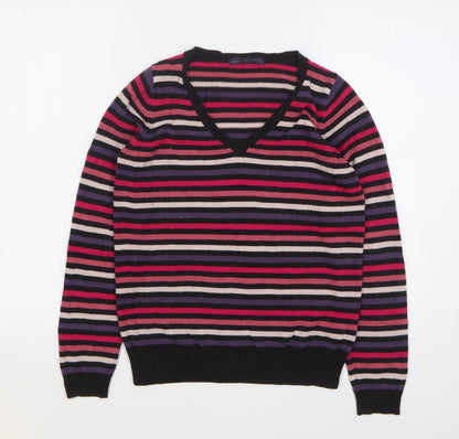 Preloved Marks and Spencer Womens Multicoloured V-Neck Striped Acrylic Pullover Jumper Size 10 - Front