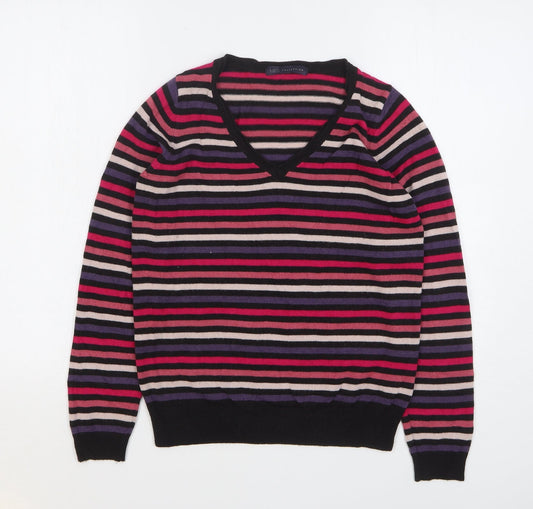 Marks and Spencer Womens Multicoloured V-Neck Striped Acrylic Pullover Jumper Size 10