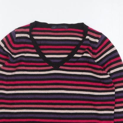 Preloved Marks and Spencer Womens Multicoloured V-Neck Striped Acrylic Pullover Jumper Size 10 - Detail