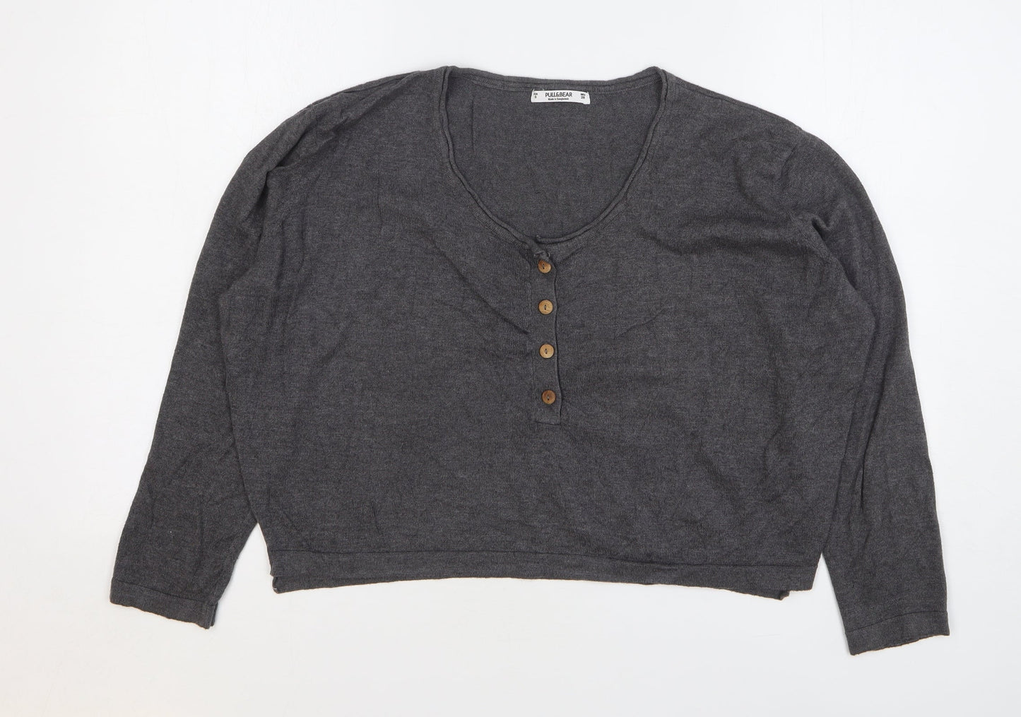 Pull&Bear Womens Grey Acrylic Cropped T-Shirt Size S Round Neck