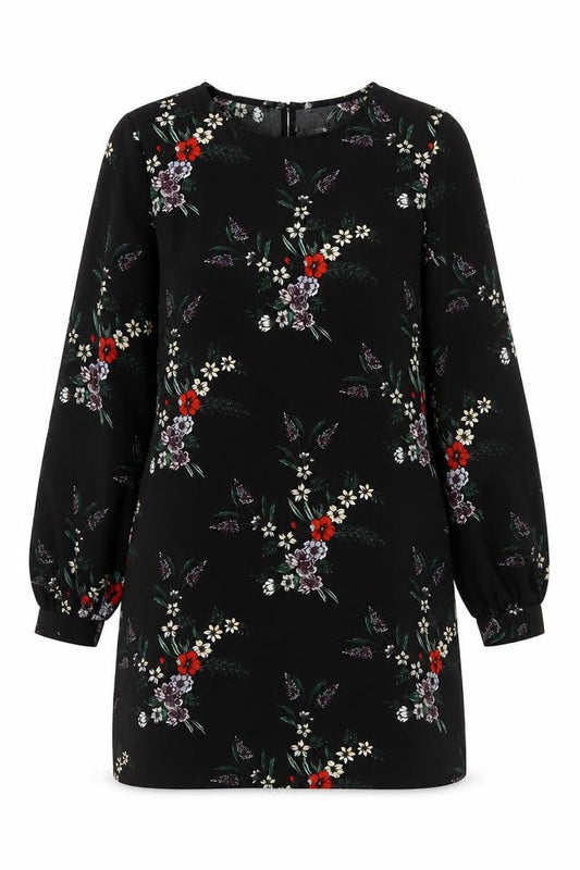 H&M Womens Black Floral Polyester Shift Size 10 Round Neck Button