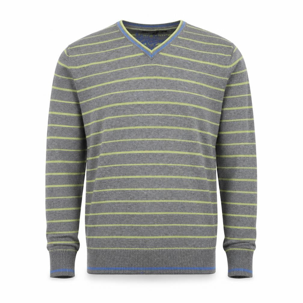 George Mens Grey V-Neck Striped Cotton Pullover Jumper Size S