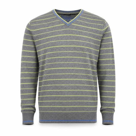 George Mens Grey V-Neck Striped Cotton Pullover Jumper Size S