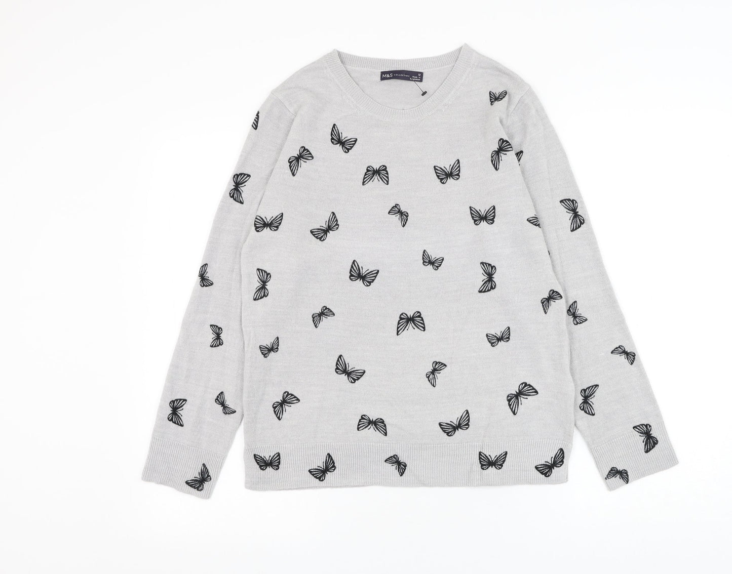 Marks and Spencer Womens Grey Round Neck Geometric Acrylic Pullover Jumper Size 12 - Butterfly