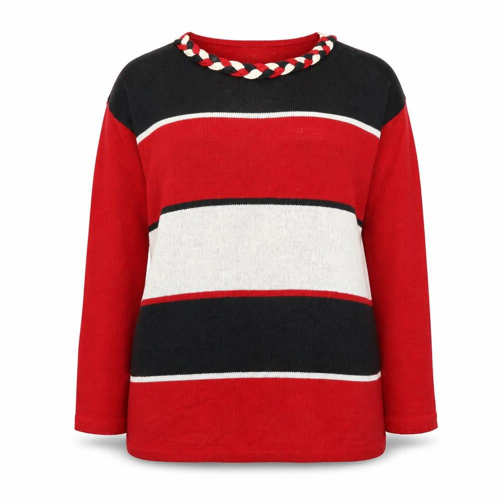 Natural In-Front Womens Red Round Neck Striped Acrylic Pullover Jumper Size L