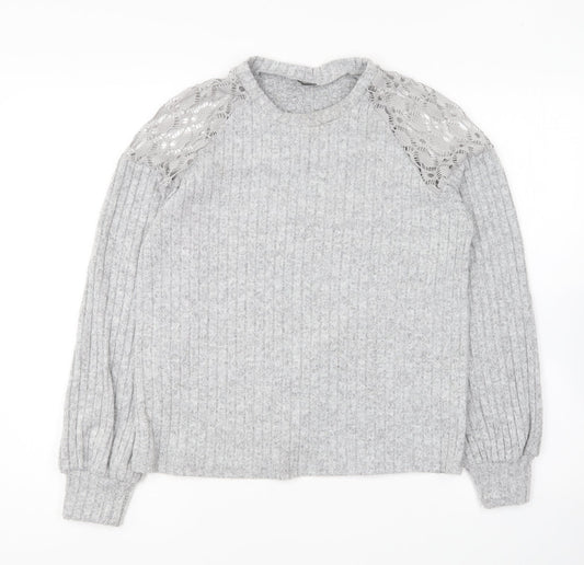 SheIn Womens Grey Round Neck Polyester Pullover Jumper Size S - Lace Shoulder