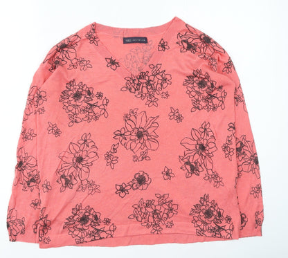 Marks & Spencer Womens Pink V-Neck Floral Acrylic Pullover Jumper Size S