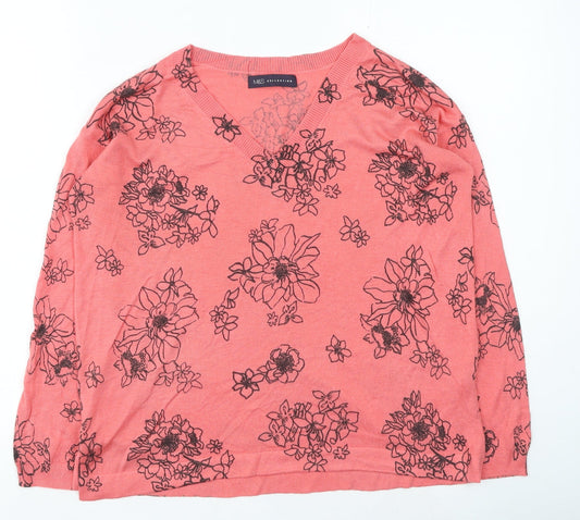 Marks and Spencer Womens Pink V-Neck Floral Acrylic Pullover Jumper Size S