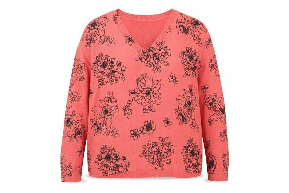 Marks & Spencer Womens Pink V-Neck Floral Acrylic Pullover Jumper Size S