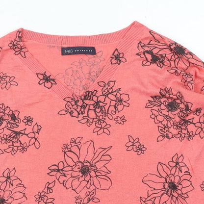 Marks & Spencer Womens Pink V-Neck Floral Acrylic Pullover Jumper Size S