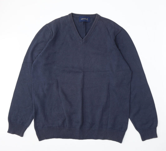 Winterbeck Mens Blue V-Neck Cotton Pullover Jumper Size L