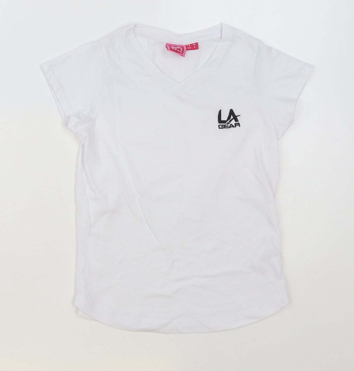 LA Gear Girls White Polyester Basic T-Shirt Size 7-8 Years V-Neck Pullover