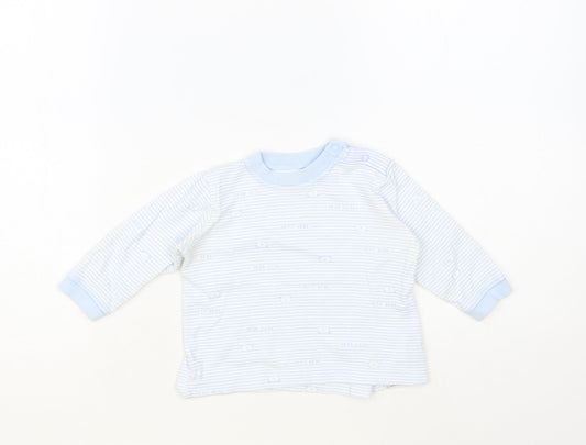 Marks and Spencer Baby Blue Striped Cotton Basic T-Shirt Size 3-6 Months Crew Neck Snap - Bear Print