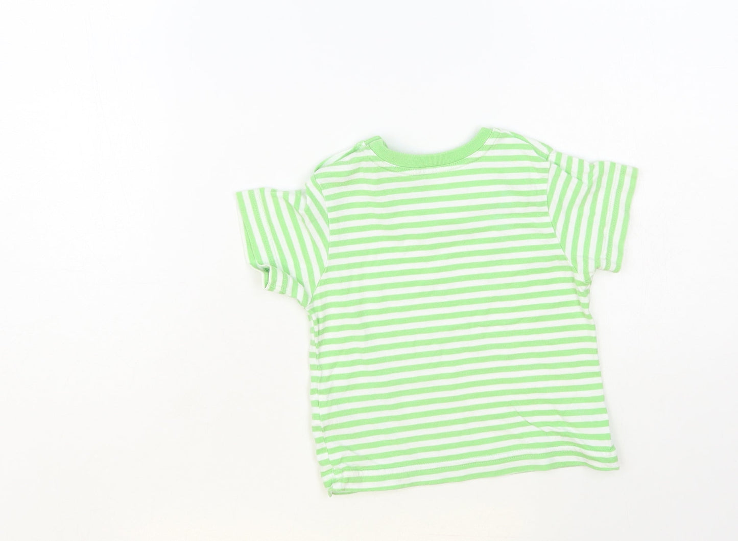 Marks and Spencer Baby Green Striped Cotton Basic T-Shirt Size 9-12 Months Crew Neck Button