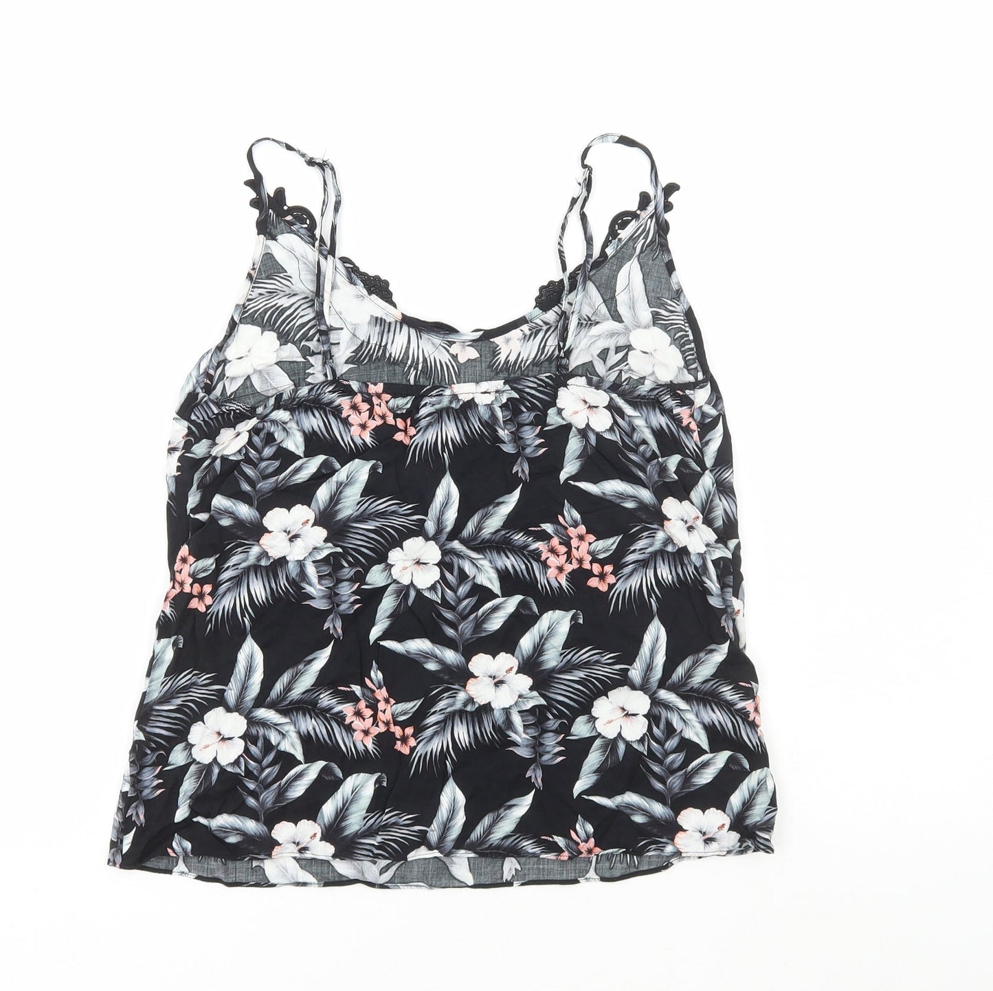 Oasis Womens Black Floral Viscose Camisole Tank Size 8 Scoop Neck - Lace Detail